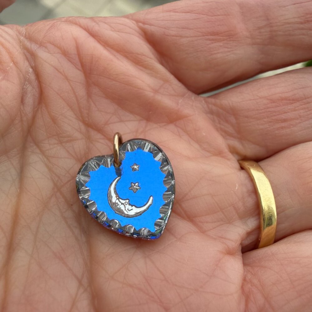 Vintage blue glass heart with crescent moon and start intaglio charm